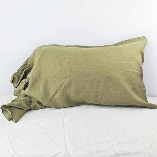 ESASILK Olive Green Ruffles Linen Pillowcase, 100% French Linen Pillow Cover, King Size 1 Piece Farmhouse Shabby Chic Pillow Case, 20''x36'' Pillowcase with Decorative Ruffle Envelope Closure