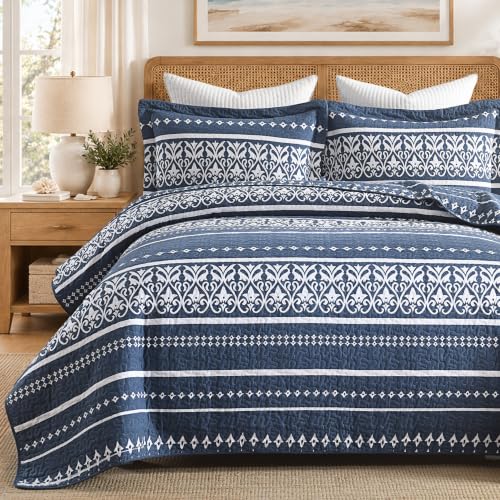 Qiqiong Boho Quilt King Set - King Size Quilt King Size Bedding Set 3Pcs,All Season Cotton Quilt Set King Size Bedspreads Coverlets,Navy White Striped???