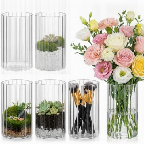 Ninehaoou 6 Pcs 6 Inch Tall Glass Ribbed Cylinder Vases Clear Floating Candle Flower Vase in Bulk, Hurricane Candle Holder for Wedding Housewarming Gift Table Centerpieces