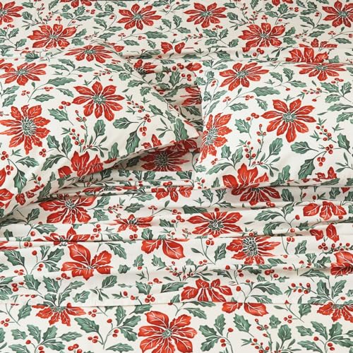"DAUAOTO Cotton Sheets Set Twin XL Holiday Printed Bedding Sets, Up to 14"" Deep Mattress, Christmas Flower Pattern Bedlinen for Twin Extra Long Bed"