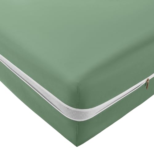 SiinvdaBZX Zipper Fitted Sheet King Only, Green - Ultra-Soft Microfiber Zippered Mattress Cover Protector Bed Bottom Sheet Cover for 12-16 Inch Deep Mattress