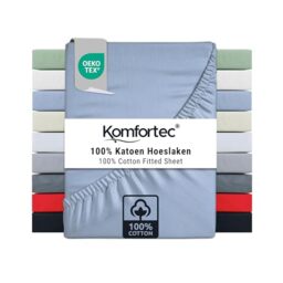 Komfortec Queen Size Fitted Sheet 100% Cotton, 11 inch (30 cm) Deep Pocket - Light Blue
