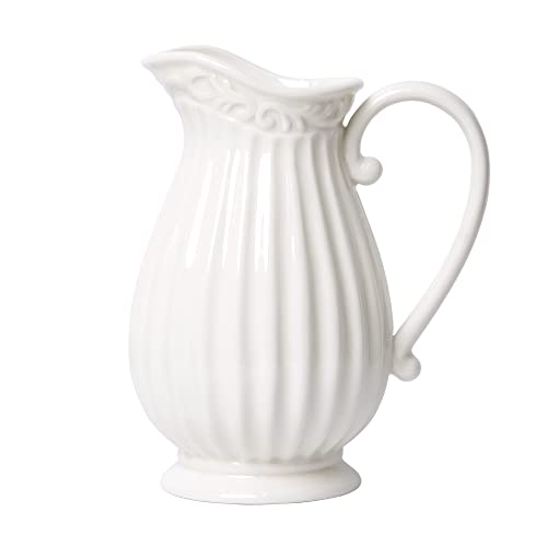 10 Inch White Ceramic Pitcher Vase for, Home Décor, Fresh Bouquets with Design Box Packaged