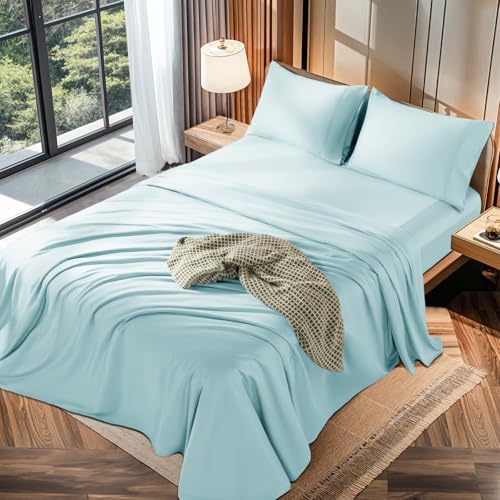 LBRO2M 100% Cotton 1200 Thread Count Full Size Sheets Set,16 inches Deep Pocket,Bed Sheet 4 Piece Sets (Full, Light Blue)