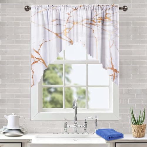 "ULQUISNCE Luxury Gold Marble Swag Valances Set, White Swag Curtains Modern Kitchen Curtains Fade and Wrinkle Resistant - Ideal for Living Room, Kitchen, bathroom (36"" x 36"", 2 Panels)"