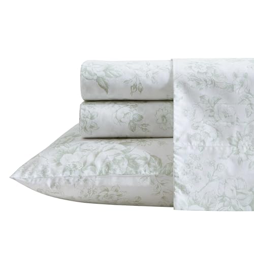 Laura Ashley - Twin Sheets, Cotton Percale Bedding Set, Lightweight & Breathable Home Decor (Toile Delight Green, Twin)