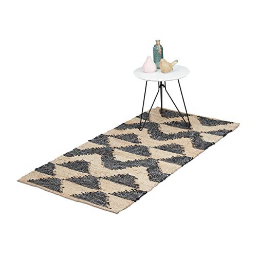 Relaxdays Boho Runner Rug, Jute, Non-slip, Hand-Woven, for Hallway, Kitchen, Zigzag Pattern, 70 x 140 cm. Black/Beige