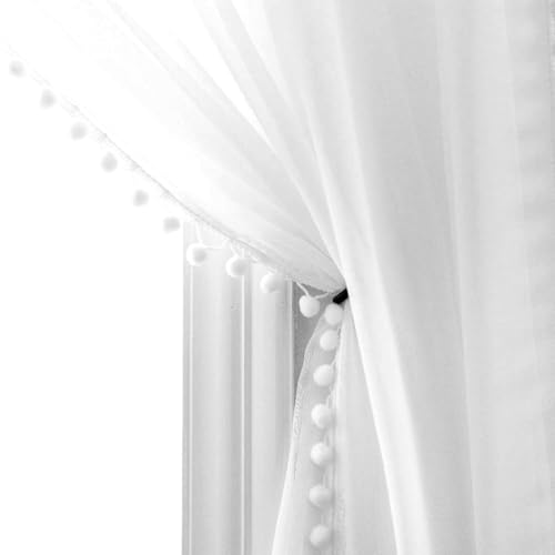 MISS SELECTEX Linen Look Pom Pom Tasseled Sheer Curtains - Rod Pocket Voile Semi-Sheer Curtains for Living and Bedroom, Set of 2 Curtain Panels (52 x 84 inch, White)