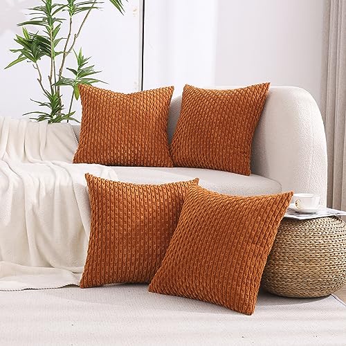 VAKADO Fall Throw Pillow Covers 26x26 Decorative Set of 4 Couch Corduroy Boho Rust Rustic Cushion Case Farmhouse Decor Square for Home Living Room Bed Sofa,Terracotta