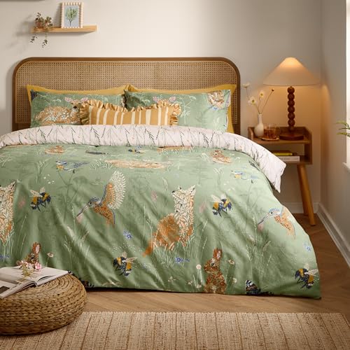 furn. Meadow Flora Duvet Cover Set – Reversible Cotton Blend Easy Care Woodland Floral Animals Bedding (Green - Super King)