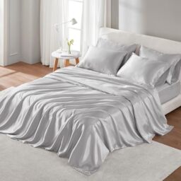 "Madison Park Essentials Satin Sheet Set Luxury and Silky with Natural Sheen, Premium 16"" Deep Pocket, All Around Elastic - Year-Round Bedding, Queen, Light Grey, 6 Piece"