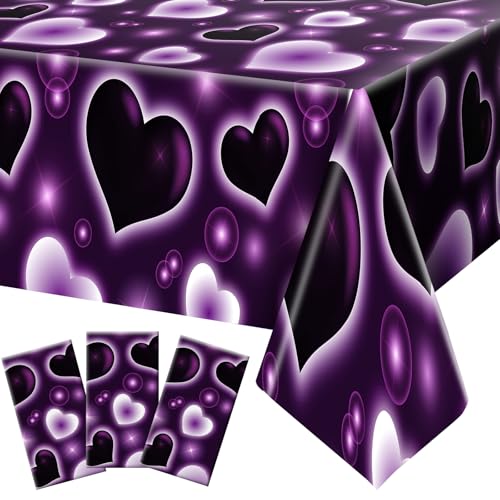 Tudomro 3 Pack 2000s Tablecloth Decoration Cholo Party Table Cover Y2k Party Decoration Heart Plastic Disposable Rectangle Table Decor for Birthday Halloween Supplies, 54 x 108 Inches(Purple)