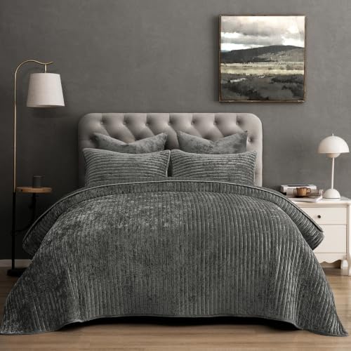 "PHF Luxury Velvet Quilt Set Queen Size - 3PCS Ultra Soft with Striped Channel, Cozy Quilted Bedspread, Heirloom Gift, 1 Coverlet with 2 Matching Shams, 90"" x 92"", Grey"