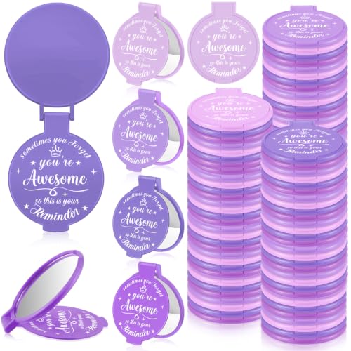 Gulfmew 100 Pcs 2.76 Inch Inspirational Pocket Mini Compact Mirror Bulk Portable Folding Makeup Mirror for Adult Women Party Favors Daily Small Gifts for Travel Thanksgiving Christmas (Purple Series)