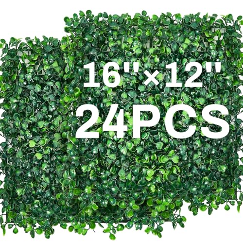 Crowye 24 Pcs 16 x 12 Inch Faux Grass Wall Panels Artificial Boxwood Panels Outdoor Privacy Screen Greenery Backdrop UV Protected Topiary Hedge Plant for Outdoor Indoor Garden Fence Backyard Decor