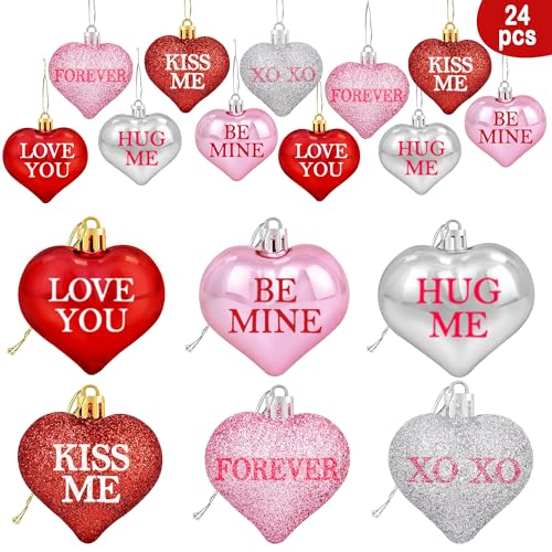 Partyprops 24Pcs Valentine's Day Glitter Heart Shaped Ornaments - Red Pink Silver Hearts - Valentines Conversation Decorations - Christmas Tree Hanging Ornaments
