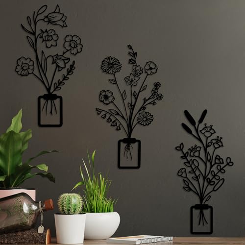Hanah Home Stylish Black Decorative Metal Wall Accessory (3 Pieces), 23 x 48 cm, 100% Metal, 1.5 mm Thick, Easy Wall Mounting, Perfect for Modern Decor