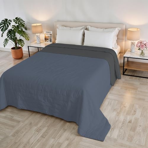 GOLIA Summer Quilt, Made in Italy, 100% Polyester – Double-Sided Bedspread with WaterWashed Effect – Lightweight Blanket with 65 g Filling – Double Bed 260 x 250 cm – Blue/Dark Grey