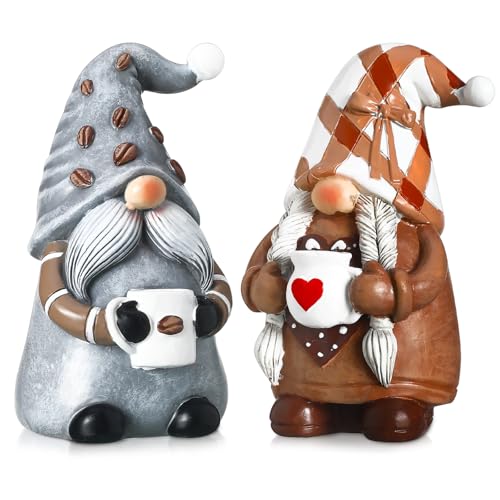 Chunful 2 Pack Coffee Gnomes Coffee Bar Decor Accessories Christmas Swedish Tomte Gnomes Resin Gnome Figurines Tiered Tray Collectible Tabletop Kitchen Decorations for Home Kitchen Farmhouse Office