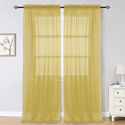 OWENIE Gold Sheer Curtains 96 Inch Length 2 Panels Set, Elegant Sheer Curtains for Bedroom, Window Voile Sheer Curtain Panels/Drapes/Treatment for Living Room, 2Pcs, Total 84“ Wide