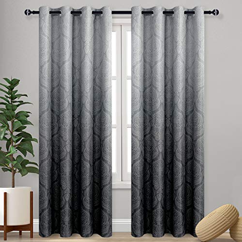 DWCN Ombre Blackout Curtains for Bedroom - Damask Patterned Thermal Insulated Energy Saving Grommet Curtains for Living Room, Set of 2 Gradient Window Curtain Panels, 52 x 96 Inches Long, Black