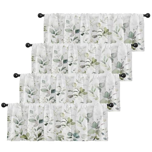 Emvency 4 Pack Valances Window Treatments, Green Watercolor Eucalyptus Leaves Blackout Adjustable for Living Room Bathroom Bedroom Kitchen Over Sink, 18x52 Inch Rod Pocket Valances