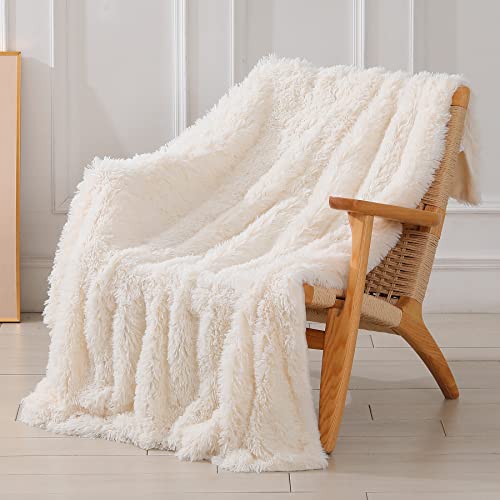"Tuddrom Decorative Extra Soft Fuzzy Faux Fur Throw Blanket 50"" x 60"",Solid Reversible Long Hair Shaggy Blanket,Fluffy Cozy Plush Comfy Microfiber Fleece Blankets for Couch Sofa Bedroom,Cream White"