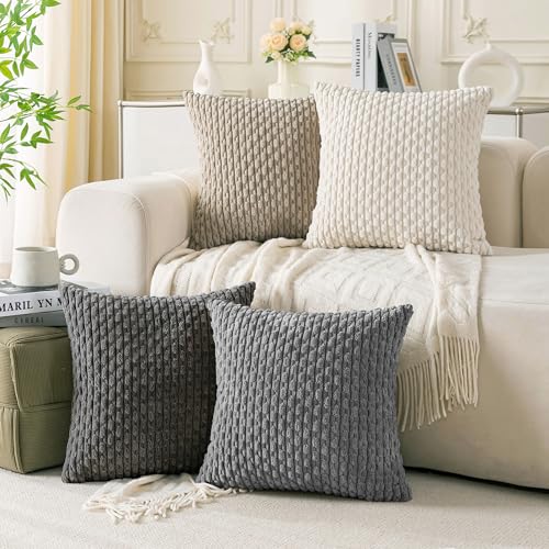 Cozoomy Set of 4 Grey White Taupe Decorative Throw Pillow Covers 24x24 Inch Corduroy Pillow Covers for Bed Couch Sofa Living Room Soft Square Cushion Cases