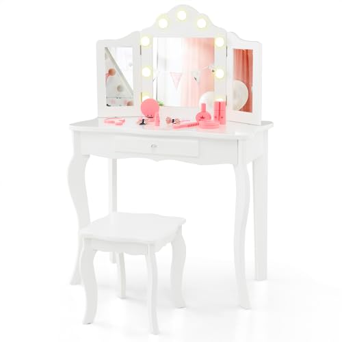 GYMAX Kids Vanity Table and Stool Set, 2-in-1 Children Dressing Table with Detachable Tri-folding Mirror, 3-Color LED Lights, Drawer, Wooden Princess Makeup Table for 3+ Years Old (White), GY10235GB