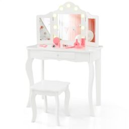 GYMAX Kids Vanity Table and Stool Set, 2-in-1 Children Dressing Table with Detachable Tri-folding Mirror, 3-Color LED Lights, Drawer, Wooden Princess Makeup Table for 3+ Years Old (White), GY10235GB
