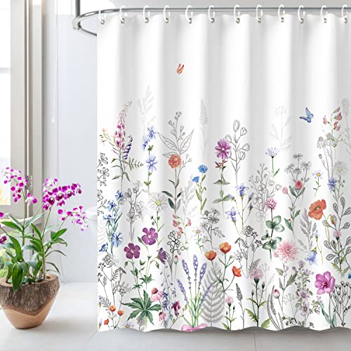 "LIVILAN Floral Shower Curtain with Butterfly Design - Lilac Wildflower Purple, 72"" W x 84"" H with Hooks"