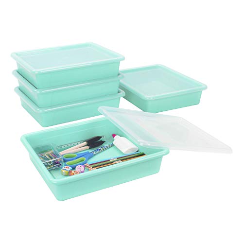Storex Letter Size Flat Storage Tray ??? Organizer Bin with Non-Snap Lid for Classroom, Office and Home, Teal, 5-Pack (62541A05C)