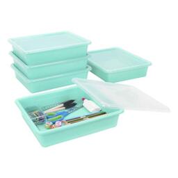 Storex Letter Size Flat Storage Tray ??? Organizer Bin with Non-Snap Lid for Classroom, Office and Home, Teal, 5-Pack (62541A05C)