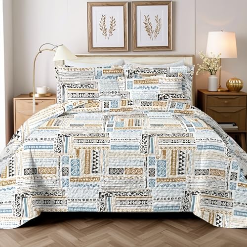 "WHWODIDE Geometry Patchwork Microfiber 3pcs Quilt Set King Size Farmhouse Summer Bed Cover Reversible Lightweight Bedspread Coverlet Set with 2 Pillow Shams for All Season(Geometry, King(90""x104""))"