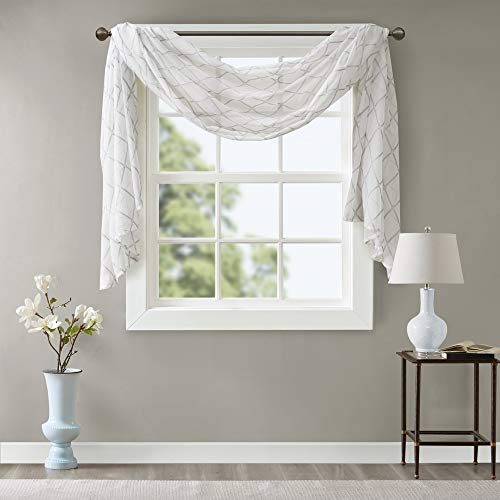 "Madison Park Embroidered Kitchen, Transitional Fabric Sheers Curtain for Living Room, 1-Panel Pack, Polyester, White/Grey, 50"" W x 144"" L (Pack of 1)"