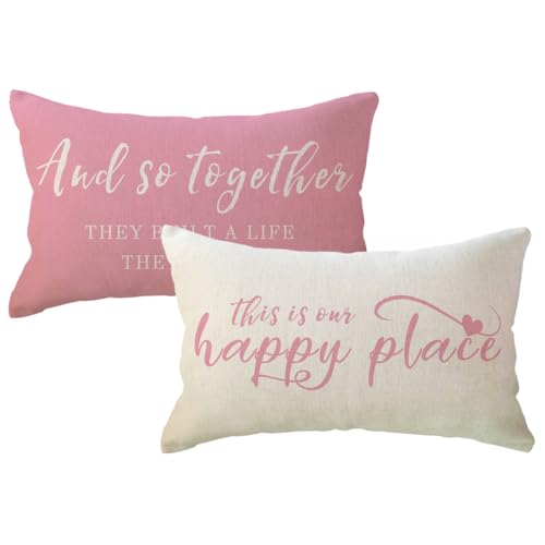 "ULOVE LOVE YOURSELF Home Saying Throw Pillow Covers with Our Happy Place Quote Rustic Farmhouse Decor Lumbar Pillow Cases 12"" x 20"",2Pack Housewarming Gifts for Sofa/Couch/Porch (Pink)"