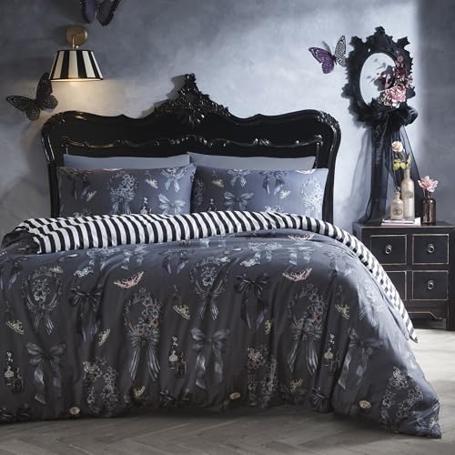 Fusion Bows Noir Halloween Duvet Cover Set Double 200 x 200cm – Grey Polycotton Easy Care Bedding with Bows Noir Print, Includes 2 Pillowcases