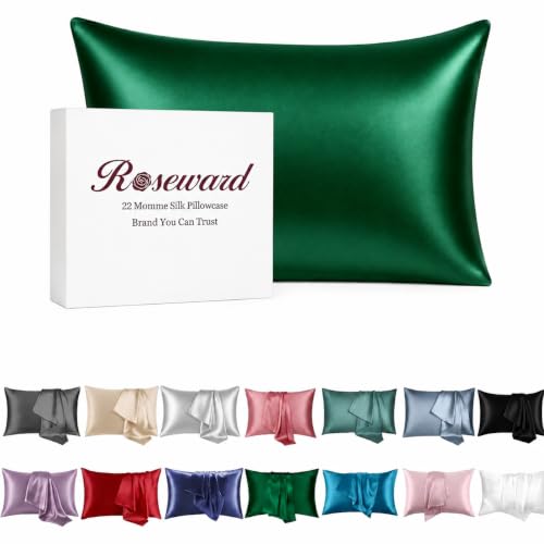 "Green Silk Pillow Cases, Oeko-TEX Certified 22 Momme Mulberry Silk Pillowcase for Hair and Skin Standard Size with Zipper, Anti Wrinkle,1 Pcs 20""x26"" (Standard, Emerald)"