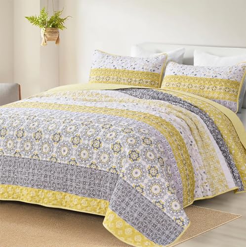 "WONGS BEDDING Boho Quilt Set King, Yellow Bohemian Striped Patchwork Summer Bedspread Coverlet Set with 2 Pillowcases,Lightweight Microfiber Floral Bedding Set 104""×90"""