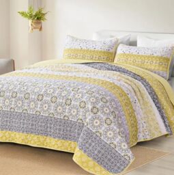 "WONGS BEDDING Boho Quilt Set King, Yellow Bohemian Striped Patchwork Summer Bedspread Coverlet Set with 2 Pillowcases,Lightweight Microfiber Floral Bedding Set 104""×90"""