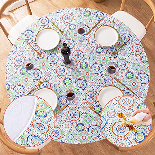 "UMINEUX Round Fitted Vinyl Tablecloth with Elastic Edged & Flannel Backing, Waterproof, Round Table Cover for Indoor Outdoor Patio Use - Fits Tables up to 45"" - 56"" Diameter(Medallion Pattern)"