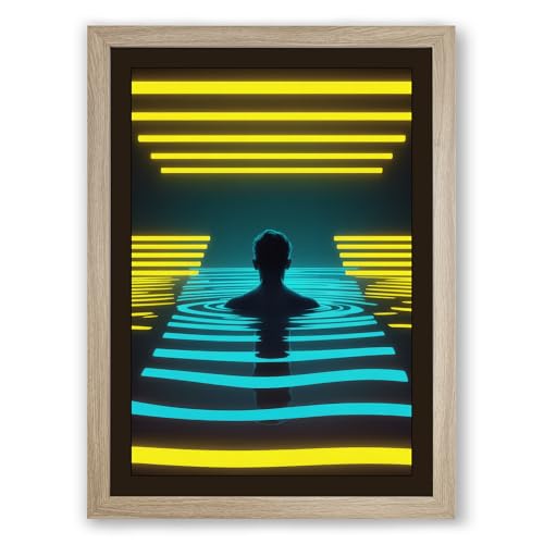 Figure in Neon Light Modern Framed Wall Art Print A4 (29.7×21cm) Oak, Wall Decor for Living Room, Bedroom, Office & Home, Ready to Hang, Art Gift