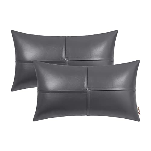 BRAWARM Faux Leather Throw Pillow Covers 12 X 20 Inches, Gray Leather Lumbar Pillow Covers Pack of 2, Hand Stitched Leather Decorative Throw Pillows for Couch Sofa Bed Living Room Home Garden