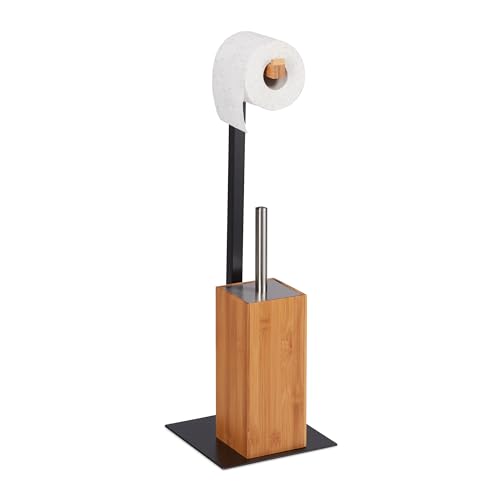 Relaxdays WC Accessories Set, Toilet Brush & Paper Roll Holder, Bamboo & Metal, HWD: 60 x 20 x 20 cm, Natural/Black