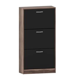 Vida Designs Shoe Cabinet, Wooden Shoe Storage Unit with 3 Pull-Down Drawers, Multifunctional Dust-Proof Space-Saving Slim Cupboard for Hallway or Entryway (Walnut & Black)