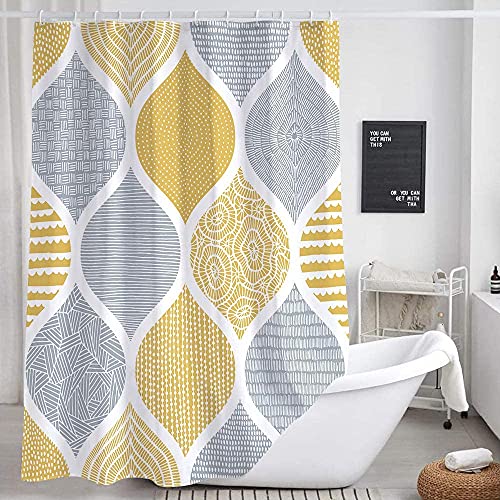 JAWO Bohemia Shower Curtain for Bathroom, Yellow and Grey Bohemian Chic Paisley Fabric Shower Curtains Set, Modern Geometric Pattern Restroom Decor Accessories with Hooks 72X84Inches