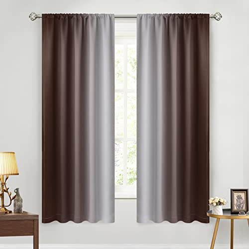 Yakamok Room Darkening Ombre Curtains, Light Blocking Gradient Color Curtains, Thermal Insulated Rod Pocket Window Drapes for Living Room/Bedroom (Brown and Greyish White, 2 Panels, 52W x 63L Inch)