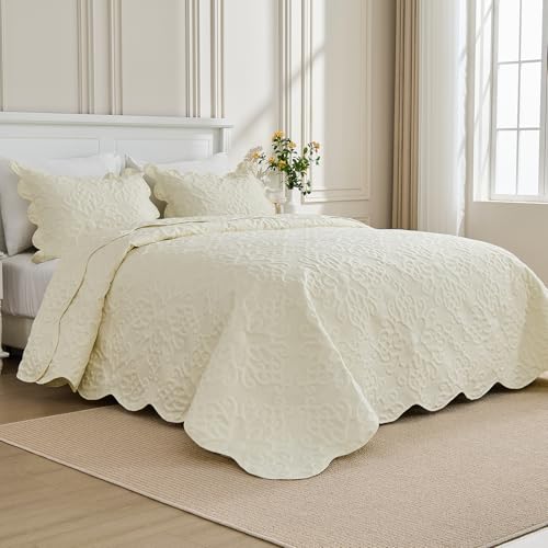 Oversized King Bedspreads 128x120 for Extra Tall King/California King Bed Lightweight Quilted Coverlet Set 3 Pieces 1 Quilt 2 Pillow Shams Cream