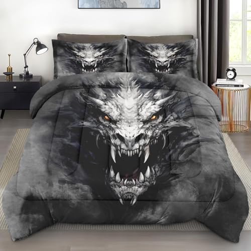 Pamnest Comforter Set Twin Size, Dragon Gray Soft 2 Pcs Bedding for Kids and Adults, Dark Black Gray Comforter Set with Pillowcase, for Bedroom Bed Decor