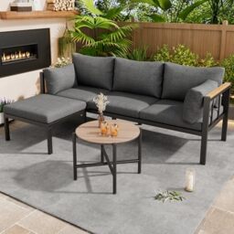 Ball & Cast Garden Furniture Sets, Outdoor Corner Sofa, Patio Furniture with Sofa, Coffee Table, Footstool, Galvanized Steel Tube, Glass Table Top, Suitable for Gardens, Balcony, Grey